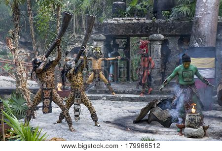 Tulum, Mexico, March 15th, 2017: Men in Maya indian costume in Tulum, Mexico