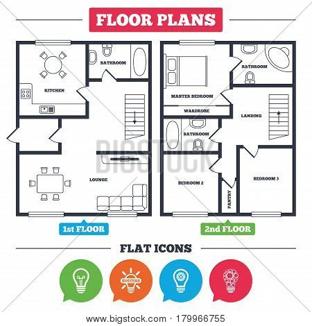 Architecture plan with furniture. House floor plan. Light lamp icons. Circles lamp bulb symbols. Energy saving with cogwheel gear. Idea and success sign. Kitchen, lounge and bathroom. Vector