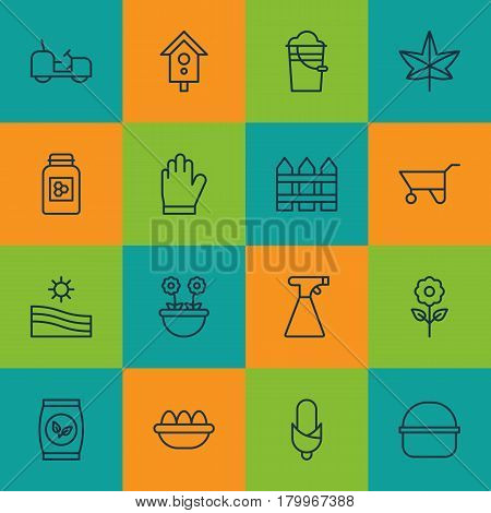 Set Of 16 Farm Icons. Includes Maize, Meadow, Bucket And Other Symbols. Beautiful Design Elements.
