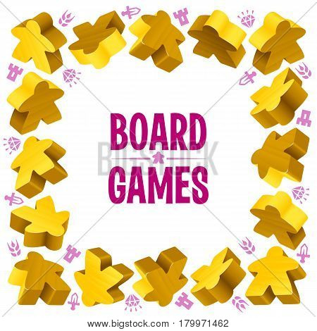 Square frame of yellow meeples for board games. Game pieces and resources counter icons isolated on white background. Vector border for design boardgames advertisement or template of geek t-shirt print