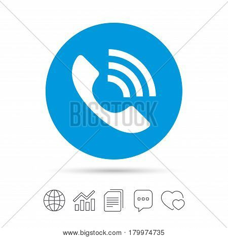 Phone sign icon. Support symbol. Call center. Copy files, chat speech bubble and chart web icons. Vector