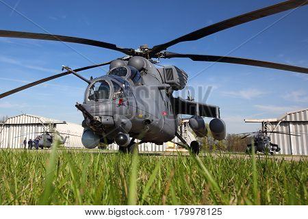 KUBINKA, MOSCOW REGION, RUSSIA - MAY 9, 2015: Mi-35 attack helicopter pictured at Kubinka air force base.