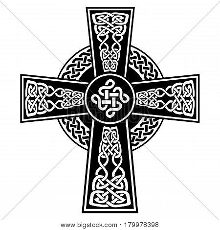 Celtic style Cross with  endless knots patterns in white and black with stroke elements and surrounding black ring with knot element  inspired by Irish St Patrick's Day, and Irish and Scottish carving art