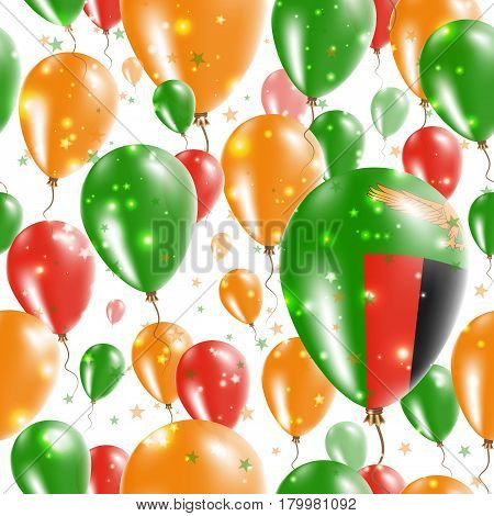 Zambia Independence Day Seamless Pattern. Flying Rubber Balloons In Colors Of The Zambian Flag. Happ