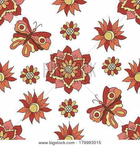 Seamless pattern. Autumn flowers. Butterflies. The pastel brown orange and pink colors
