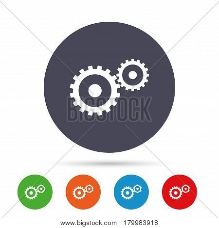Cog settings sign icon. Cogwheel gear mechanism symbol. Round colourful buttons with flat icons. Vector