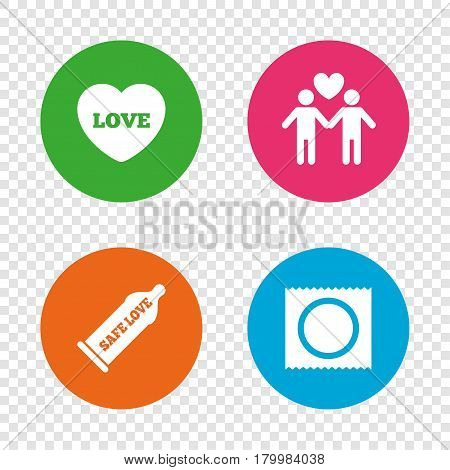 Condom safe sex icons. Lovers Gay couple signs. Male love male. Heart symbol. Round buttons on transparent background. Vector