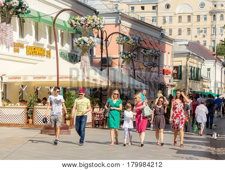 MOSCOW - AUGUST 7 2016: People wallking on Klimentovsky lane on clear day. This area was reconstructed and became pedestrian in 2014.