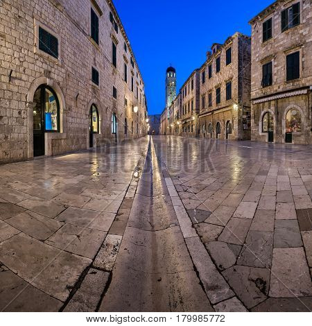 Panorama of Stradun Street in the Morning Dubrovnik Dalmatia Croatia