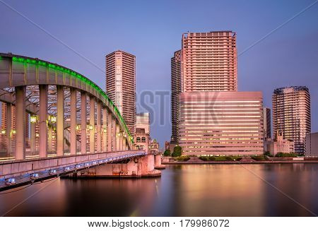 Kachidoki Bridge and Sumida River in the Evening Tokyo Japan