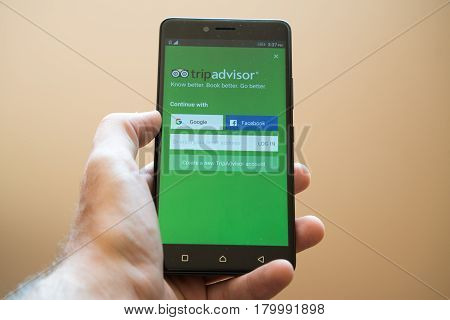 Nitra, Slovakia, March 24, 2017: Tripadvisor application logo on smartphone