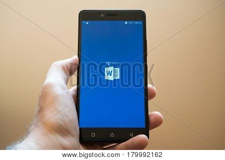 Nitra, Slovakia, March 24, 2017: Microsoft Office Word application logo on smartphone