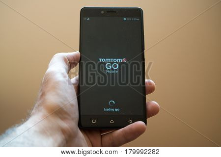 Nitra, Slovakia, March 24, 2017: TomTom Go application logo on smartphone