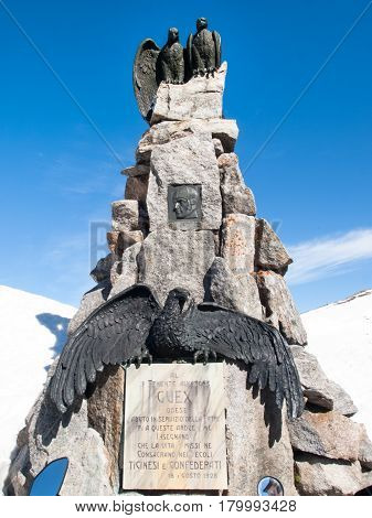 Gotthardpass Switzerland - May 14 2015: Statue to the Gotthard pass. The pass is still a lot of snow in the winter