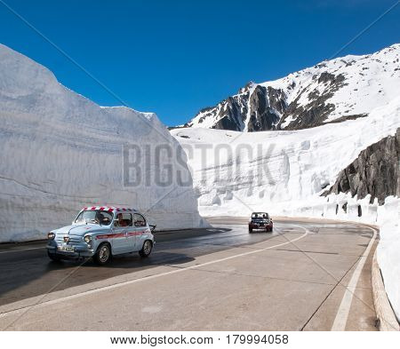 Gotthardpass Switzerland - May 14 2015: Beautiful sunny spring day for the day of the Feast of the Ascension. The pass is still a lot of snow in the winter