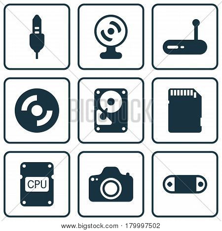Set Of 9 Computer Hardware Icons. Includes Hdd, Blank Cd, Memory Card And Other Symbols. Beautiful Design Elements.