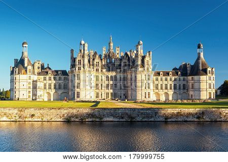 The royal Chateau de Chambord, France. This castle is located in the Loire Valley, was built in the 16th century and is one of the most recognizable chateaux in the world.