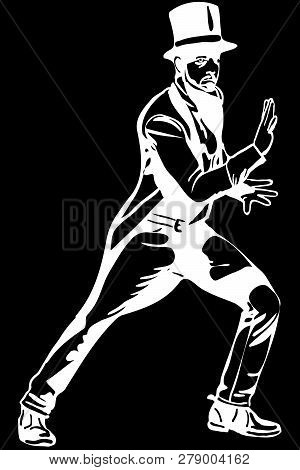 Black And White Vector Sketch Of A Magician In A Cylinder Making Passes With His Hands