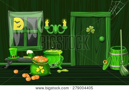 Green House, Illustration Interior Wooden Room With Patricks Symbols