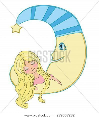 Cute Little Girl Sleeping On Moon , Vector Illustration