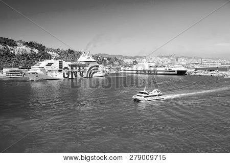 Barcelona, Spain - March 30, 2016: Ocean Liners Gnv And Grimaldi Lines In Sea Port. Cruise Liner Des