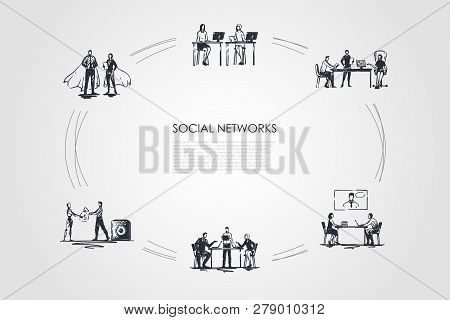 Social Networks - Business People In Office Comminicating With Laptops And Displays Vector Concept S