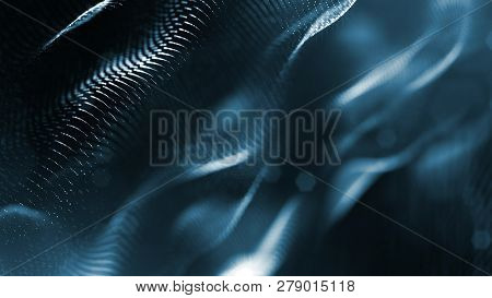 Particles Form Line And Surface Grid. 3d Rendering. Science Fiction Background Of Glowing Particles 