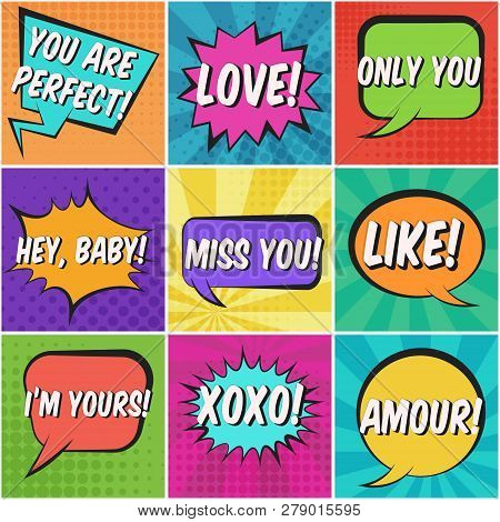Big Square St. Valentines Retro Comic Speech Bubbles Set With Colorful Love, Xoxo, Only You, Amour W