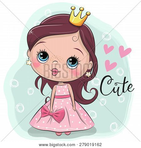 Greeting Card With Cute Cartoon Fairy Tale Princess On A Bluebackground