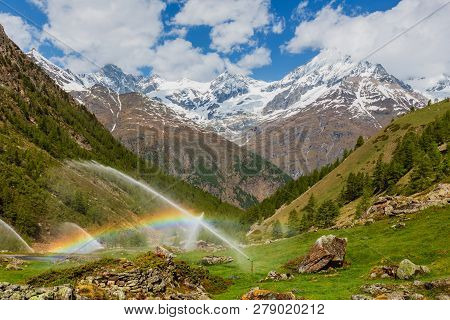 Rainbows In Irrigation Water Spouts In Summer Alps Mountain  (switzerland, Near Zermatt).
