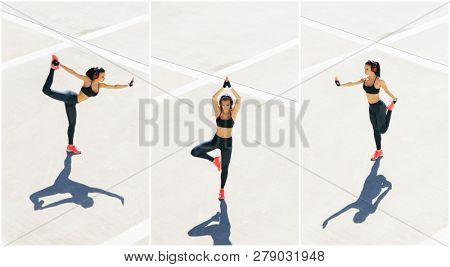Young, fit and sporty woman doing sports at the stret. Fitness, sport, urban jogging and healthy lifestyle concept.
