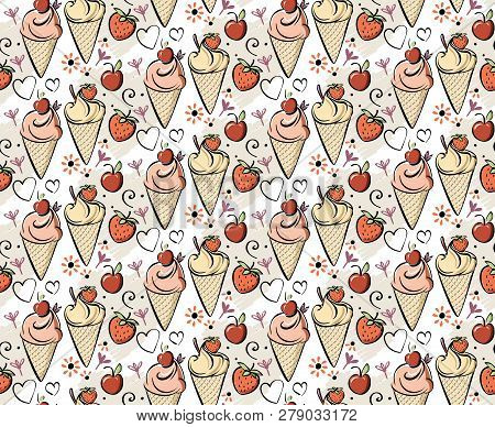 Ice Cream With Strawberry, Cherry. Pink Creame Red, Black Outline Hand Made Drawing For Kids, Adult,
