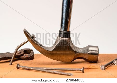 Vintage Hammer Nail Puller Pull Bent Big Nail Out Of The Board, With Vintage Grungy Forged Pincers A