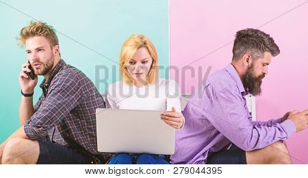 Gadget Addiction. Modern People Mobile Gadgets Laptop. Modern Technology. Men And Woman Networking B