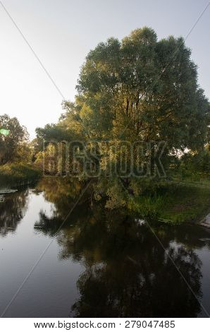 Small River Slow Flowing Across The Green Forest With Reflections Of  Trees In The Water.  Summer