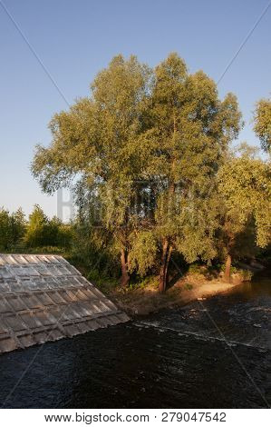 Small River Slow Flowing Across The Green Forest With Reflections Of  Trees In The Water.  Summer