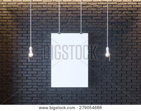 Mockup Poster In Art Deco Style Interior. 3d Render. Black Brick Wall. Illustration Vintage,  Wall, 