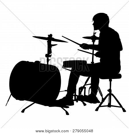 Silhouette Musician, Drummer On White Background, Vector Illustration