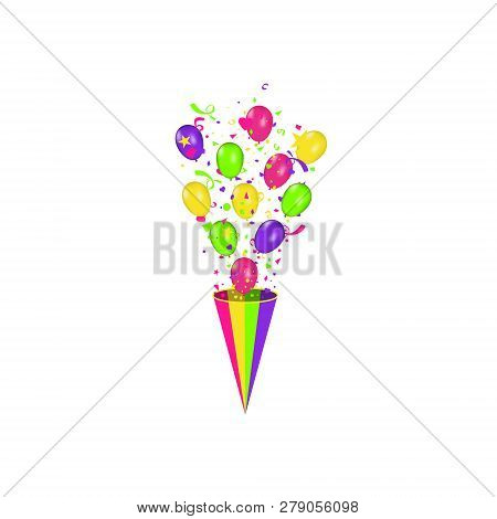 Color Composition Of Vector Realistic Balloons And Colorful Confetti Burstisolated On White Backgrou