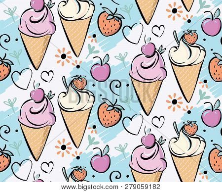 Ice Cream With Strawberry, Cherry. Pink Creame Red, Blue, Black Outline Hand Made Drawing For Kids, 