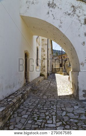 Wall Of Church Of The Holy Cross ( Timios Stavros ) Outside, Exterior Details. Mountain Village Pano