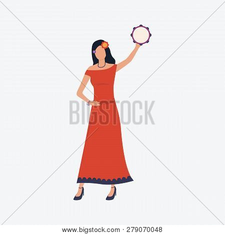 Woman In Red Dress With Sleigh Bells. Young Woman, Music, Festival. Can Be Used For Topics Like Cele