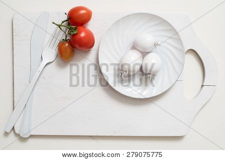 Bunch Of Tomatoes Stock Images. White Fork Knife Plate On An Old Wooden Plank Tray. Art Idea White T