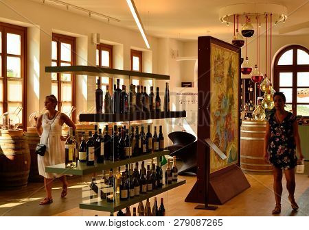 Barolo, Piedmont, Italy. July 2018. At The Shop And Wine Tasting At The Foot Of The Castle