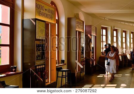 Barolo, Piedmont, Italy. July 2018. At The Shop And Wine Tasting At The Foot Of The Castle