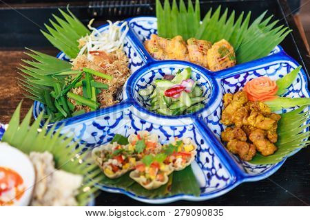 Selective Focused Thailand Cuisine Food Platter; Mi Krop (traditional Thai Crispy Rice Noodles), Tur