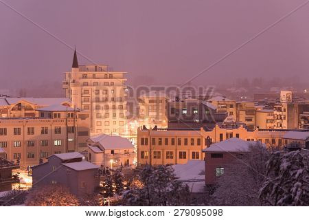 Evening Snowy Landscape Of Shkodra City, Albania, Europe