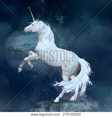 Beautiful Unicorn Over A Rock In A Space Scenery - 3d Illustration