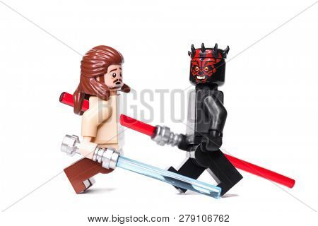 RUSSIA, SAMARA - January 17, 2019. Constructor Lego Star Wars. Duel between Qui-Gon Jinn and Darth Maul