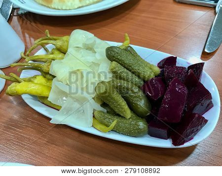 Mix Of Turkish Pickles With Beet, Hot Green Pepper, Cabbage, Sauerkraut And Cucumber. Organic Food.